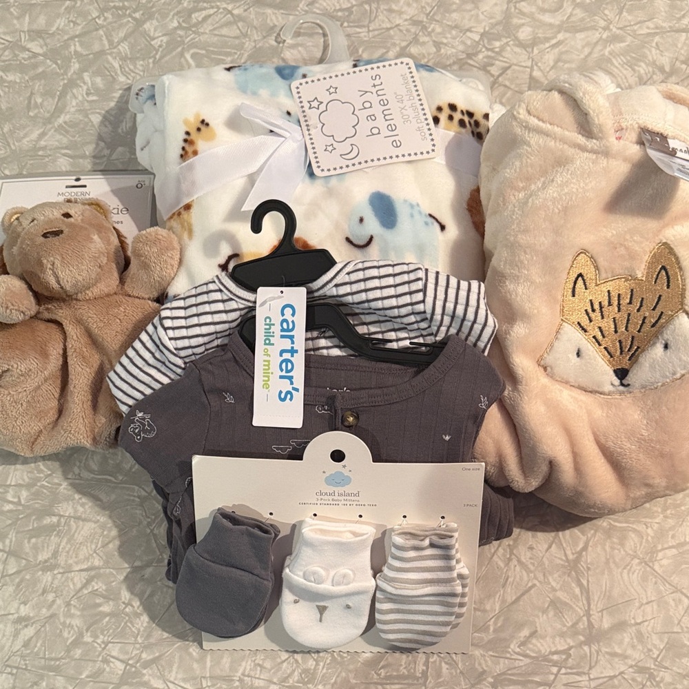 Carter's Gray Onesie Set with Fox Blanket and Teddy Bear